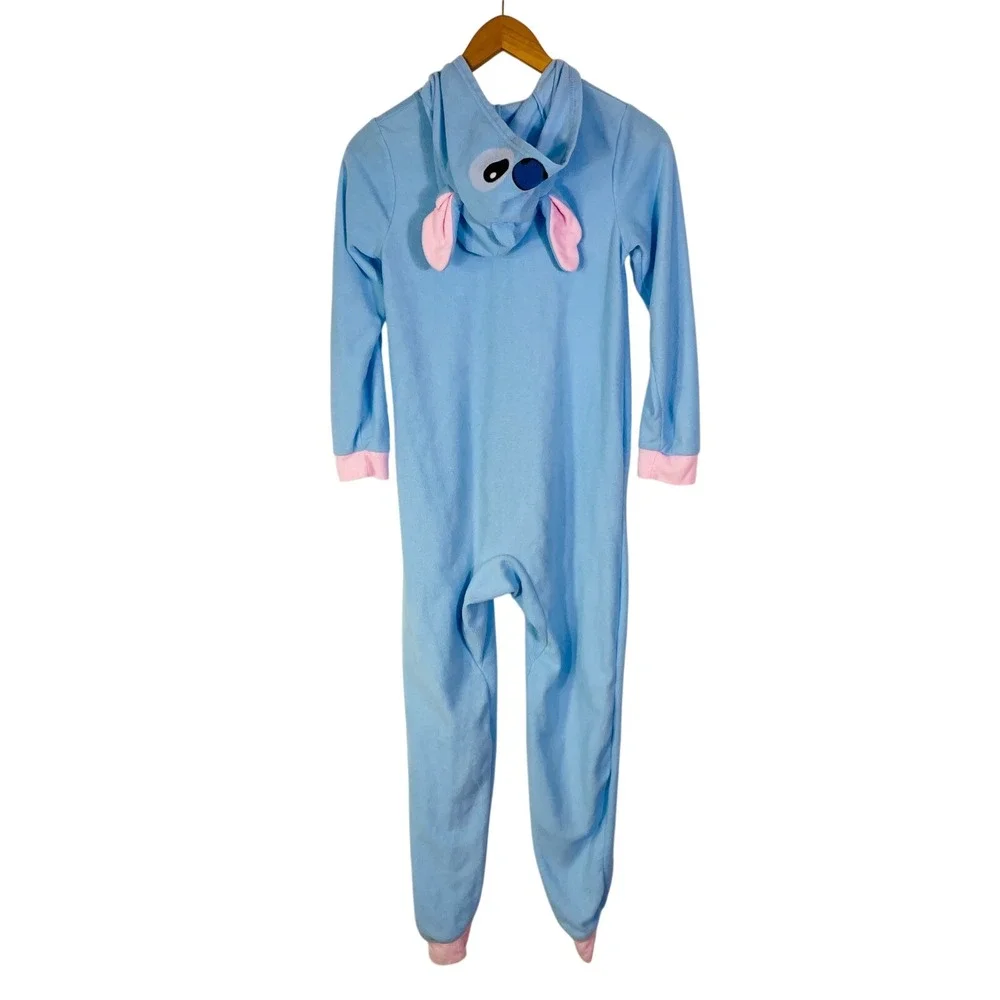 Disney Stitch Blue Fleece‎ Hooded Union Suit One Piece Pajamas Kids Sz 10/12